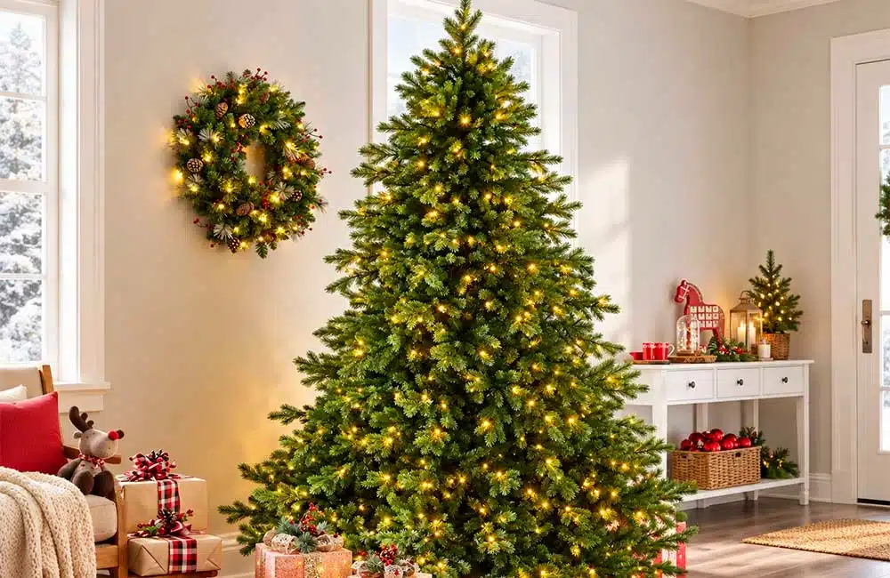 Pre-lit Christmas tree in a decorated living room