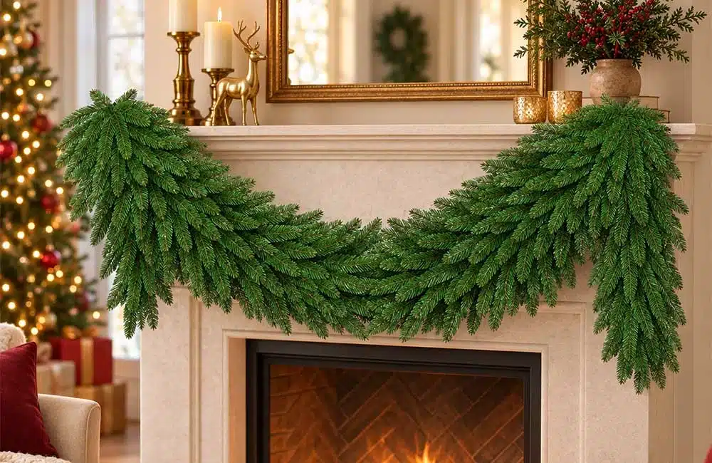 Evergreen Christmas garland in an indoor display