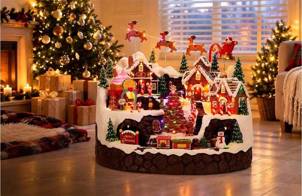 Animated Christmas village scene with a candy house