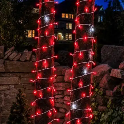 Connectable red with ice white flash white cable Christmas lights trees view