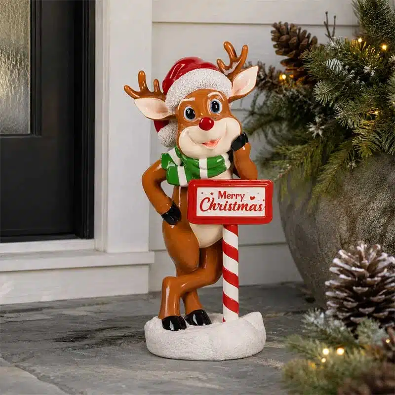 Funny-Reindeer-with-Sign-Christmas-Decoration-Entrance-Display Funny reindeer with sign Christmas decoration entrance display