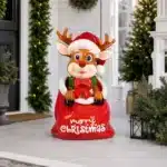 Funny reindeer in sack Christmas decoration entrance display