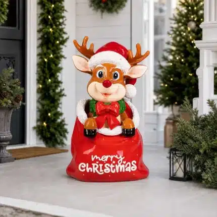 Funny reindeer in sack Christmas decoration entrance display